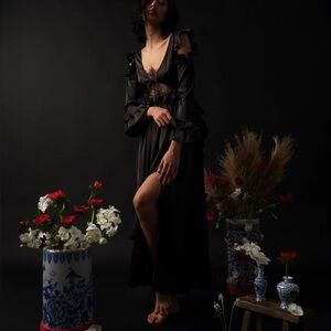 NWT Allina Liu Valkyrie Black Lace Cutout Tie Back Satin Maxi Dress Gown S